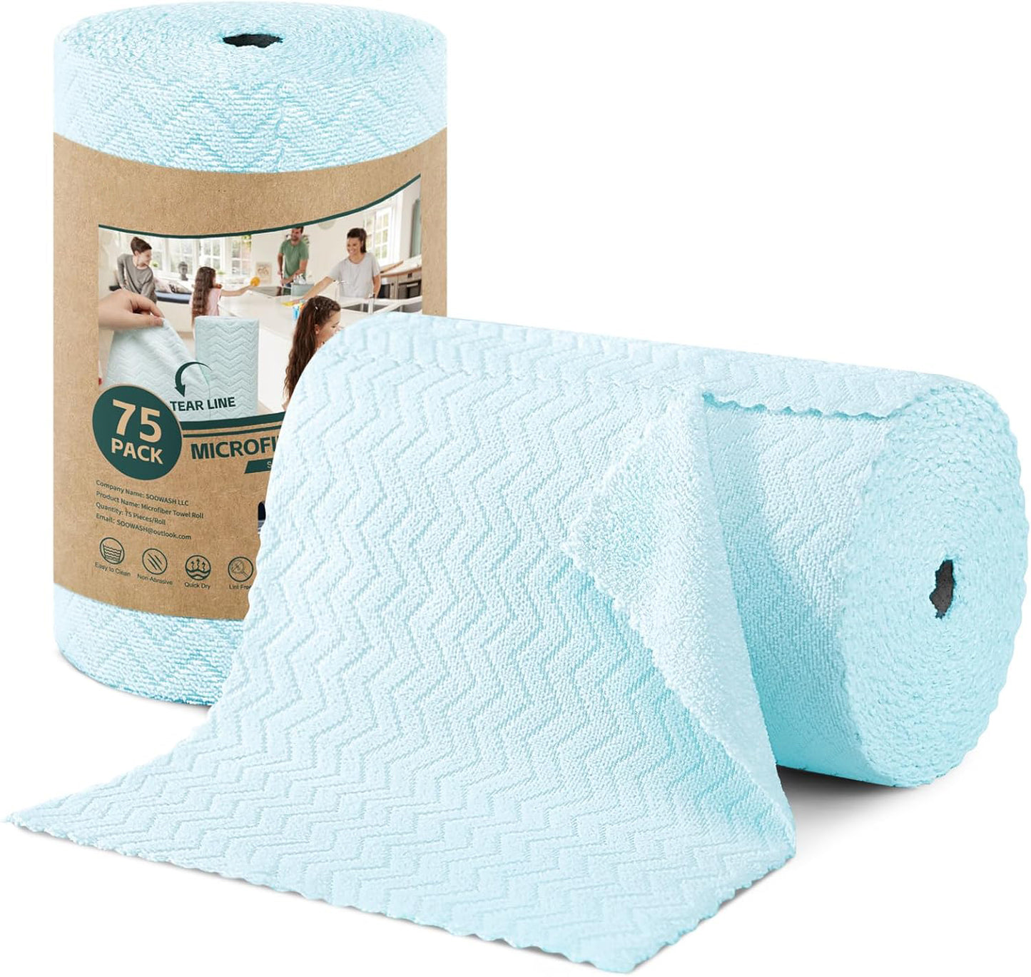 Microfiber Cleaning Cloth Roll – 75-Pack Tear-Off Towels | Reusable, Scratch-Free Dishcloth