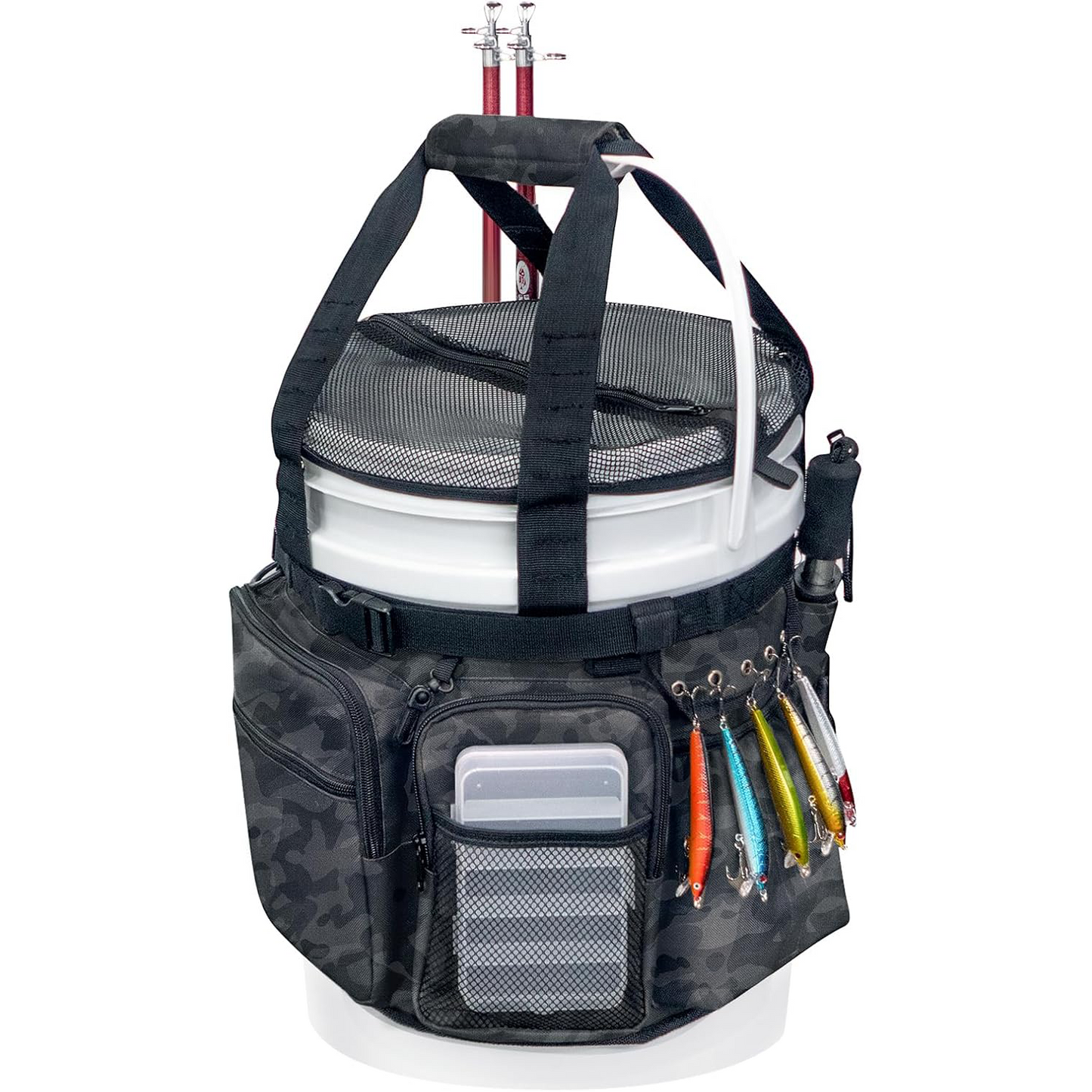 Fishing Bucket Organizer with Bucket Cover – Multi-Pocket Tackle Bag with Rod