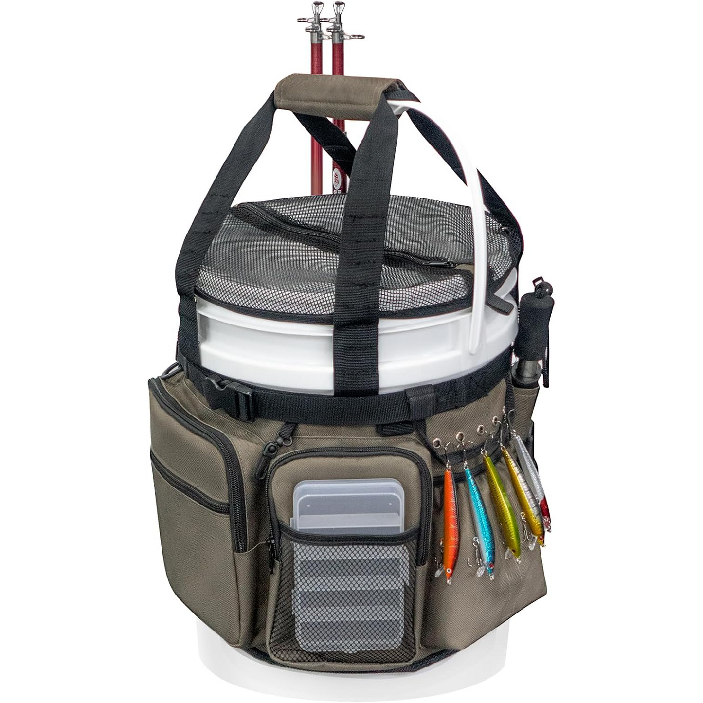 Fishing Bucket Organizer with Bucket Cover – Multi-Pocket Tackle Bag with Rod
