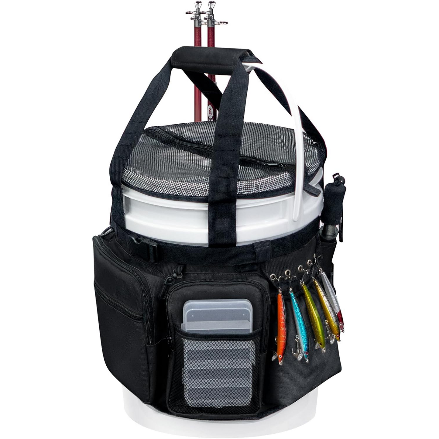 Fishing Bucket Organizer with Bucket Cover – Multi-Pocket Tackle Bag with Rod