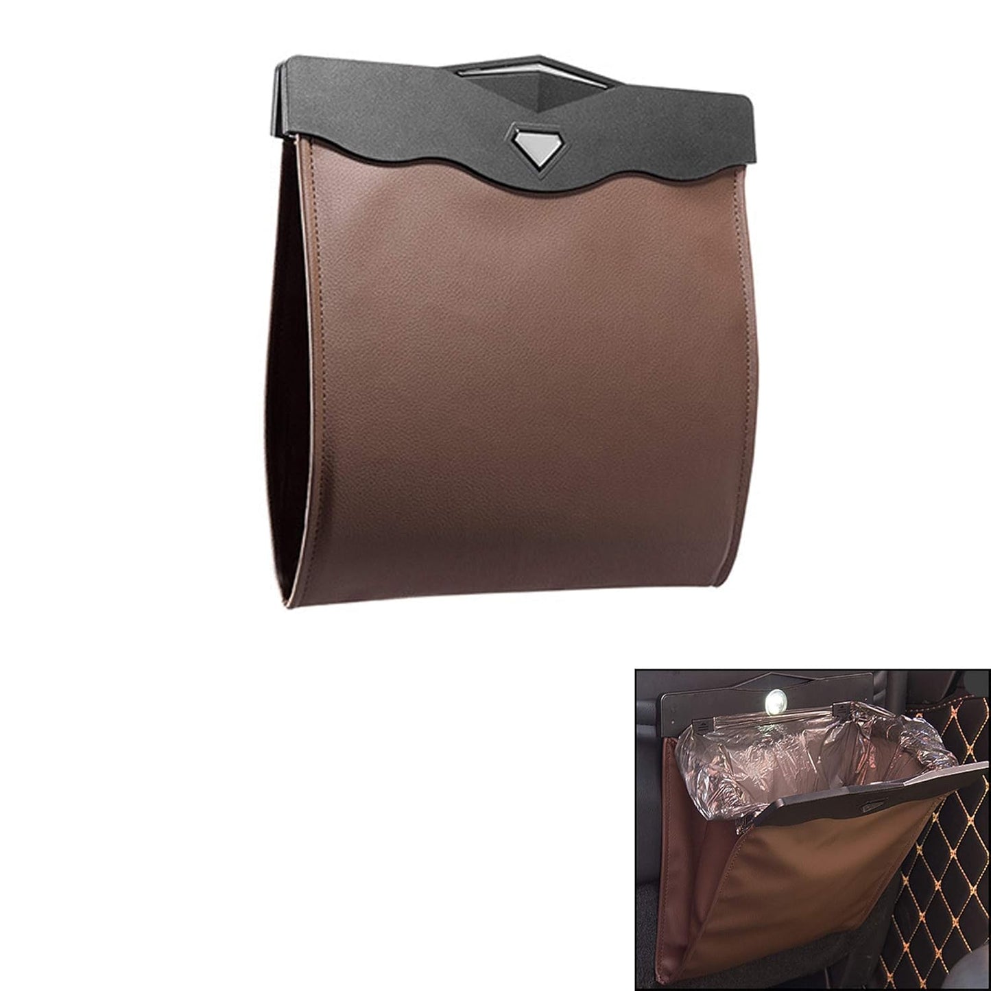 Car Trash Can with Smart LED | Luxury Leather Foldable Automotive Garbage Bin, Waterproof