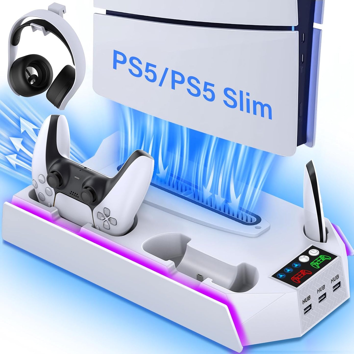 PS5 Stand and Cooling Station – Dual Controller Charger, Headset Holder & USB Hubs