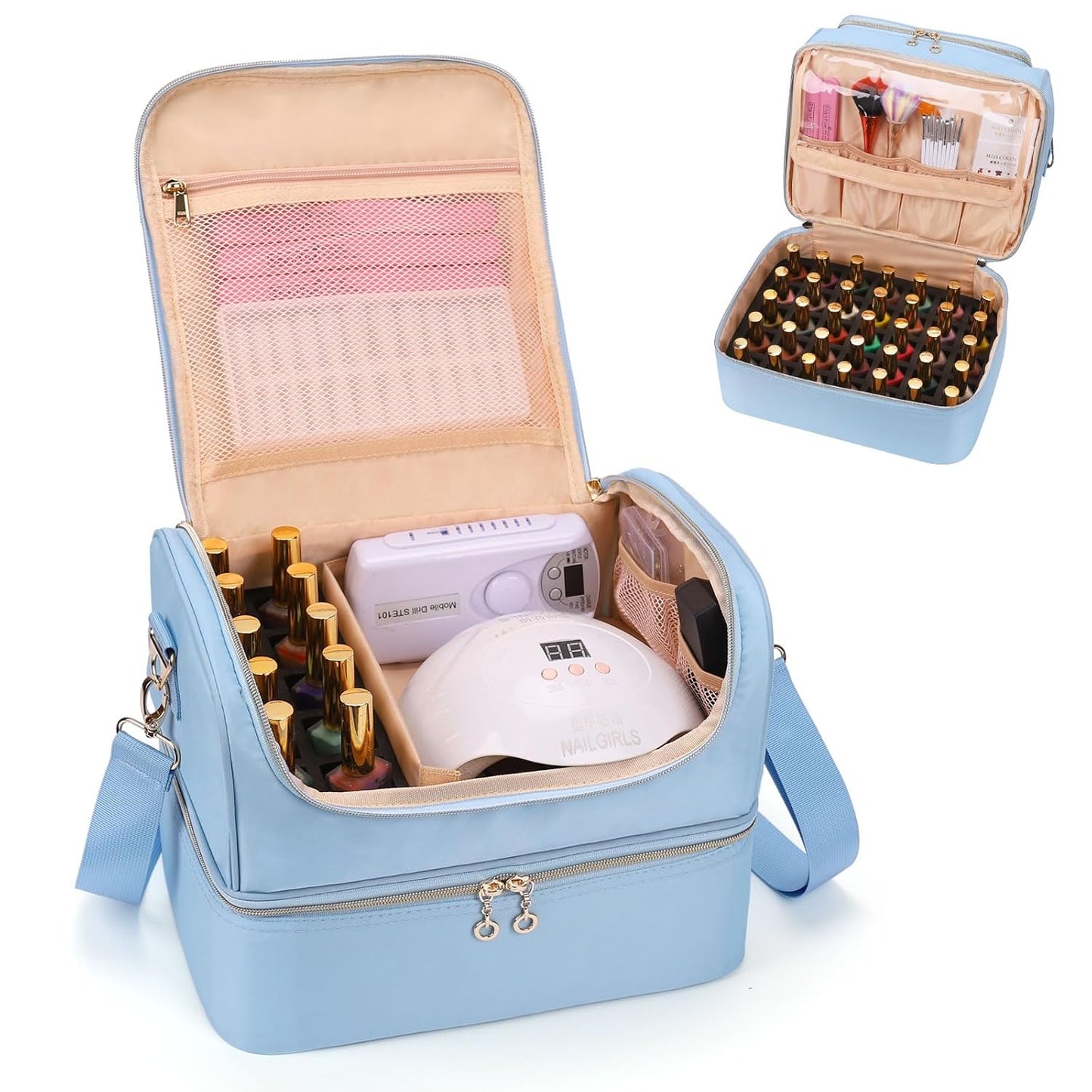 Portable Nail Polish Storage Box | Travel Nail Art Organizer for 45 Bottles & LED Lamp