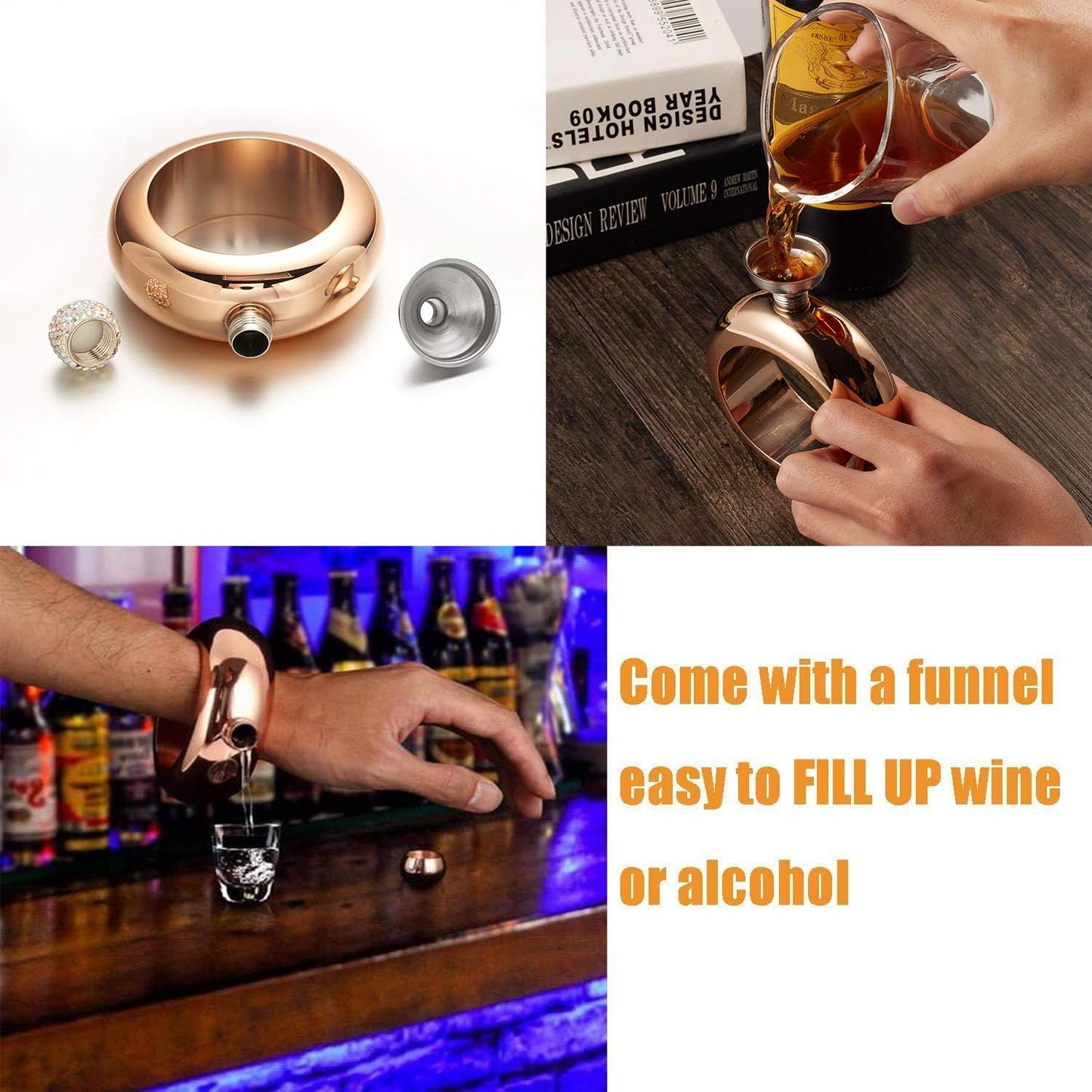 Bracelet Flask – Creative 304 Stainless Steel Hidden Alcohol Bottle with Crystal Cap, 3.5 oz