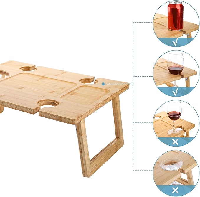Portable Wine Picnic Table – Foldable Champagne & Snack Tray | Wooden Outdoor Table with Glass Holder | Perfect for Parks, Beaches, Camping, or Bed Use