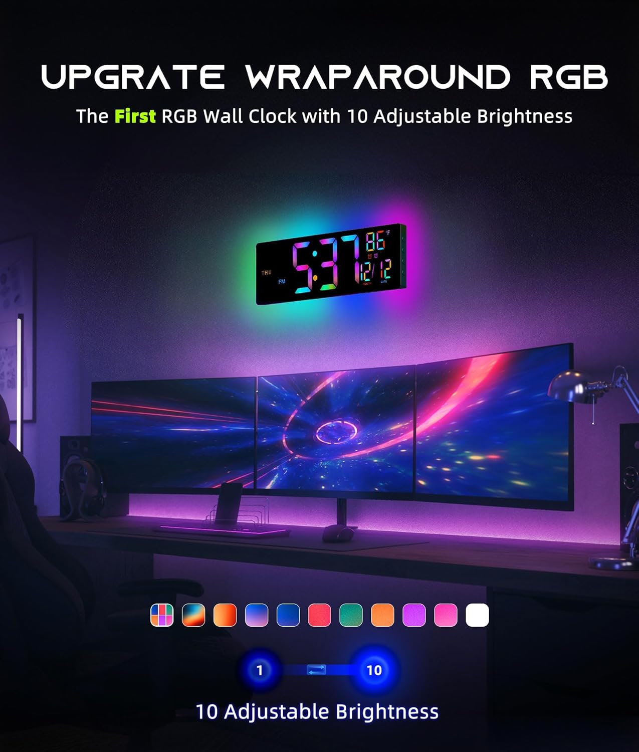 16.5-Inch Large Digital Wall Clock with Remote – RGB Ambient Light | 11 Scene Modes | Dual Alarms | Large LED Display