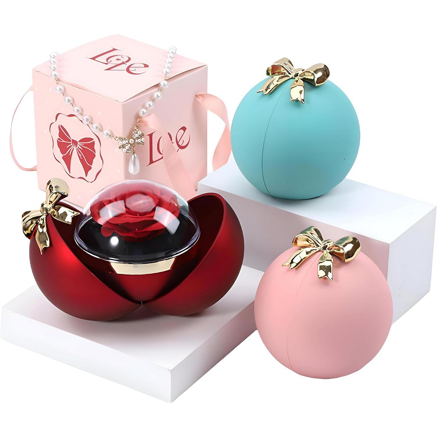 Round Pink Eternal Rose Jewelry Box – With Heart-Shaped Promise Ring