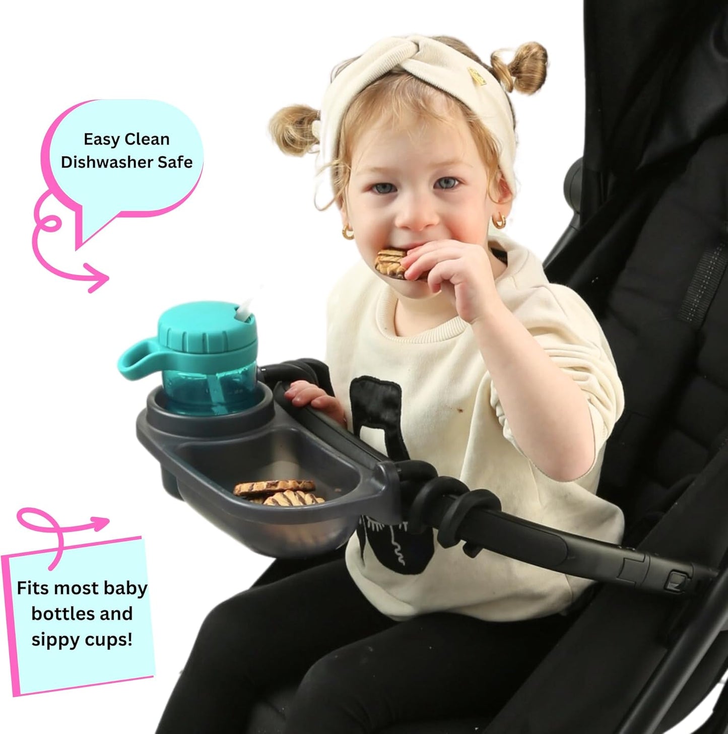 Universal Stroller Snack Tray – Silicone Flexible Arm Grip Clamp | Stroller Accessory with Cup Holder