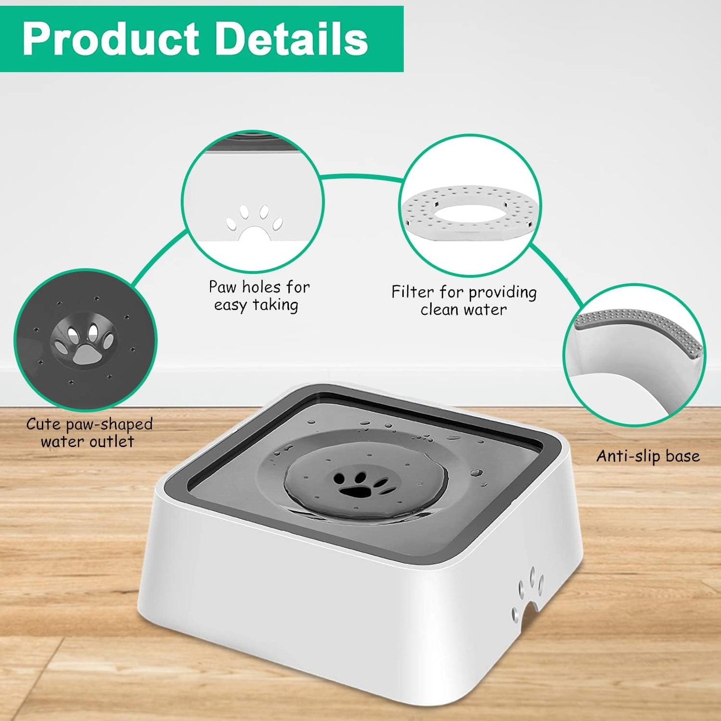 Spill-Proof Pet Water Bowl – 35oz No-Drip Slow Feeder with Non-Slip Base