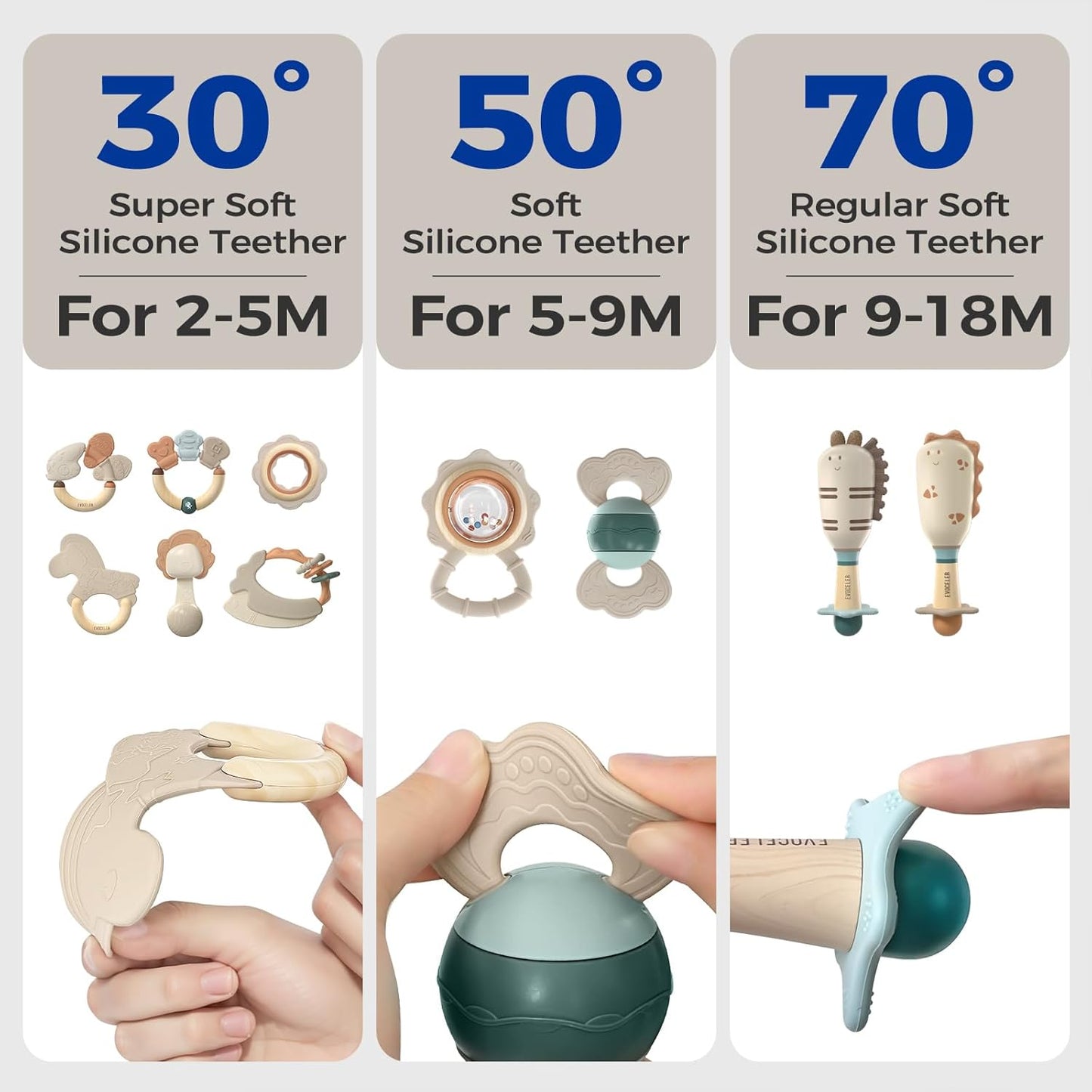 Softness-Graded Baby Teething Toys with Rattles – 10-Piece Set for 0-18 Months