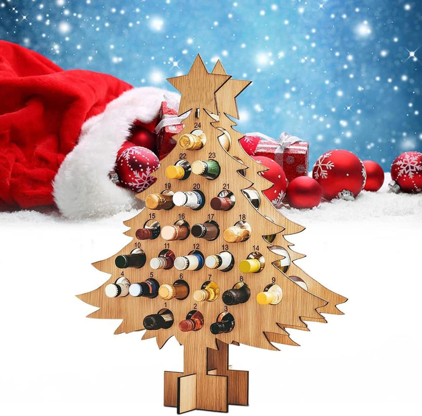 Wooden Christmas Advent Calendar Tree Bottle Holder | Countdown Wine Rack