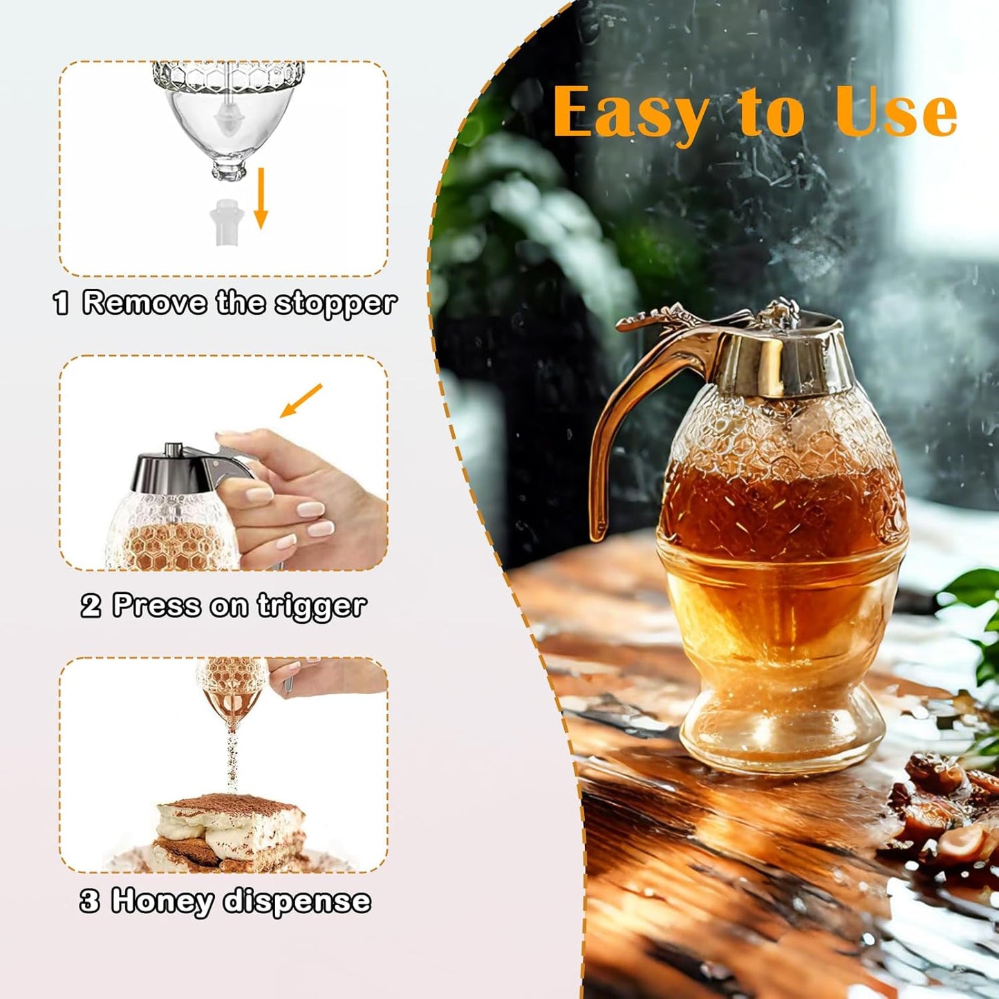 Glass Honey Dispenser – No-Drip Design with Stand | 8 oz Mess-Free Honey Jar