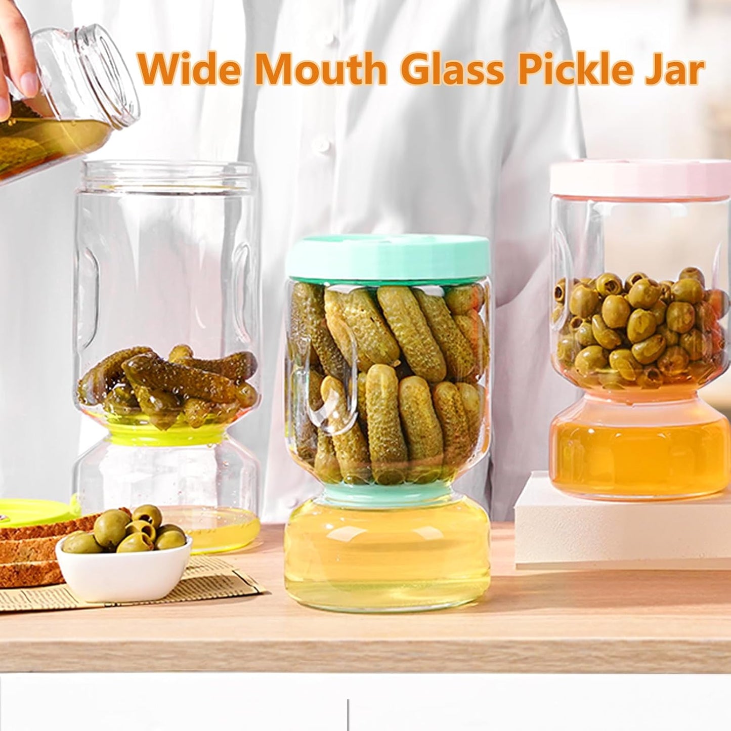 Glass Pickle Jar with Flip Filter Lid Storage with Brine Separator & Timer