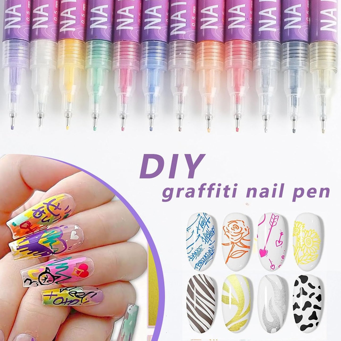 Nail Art Marker Pens – 12 Color DIY Nail Art Pen Set | 3D Gel Nail Pens for Drawing, Dotting & Nail Design