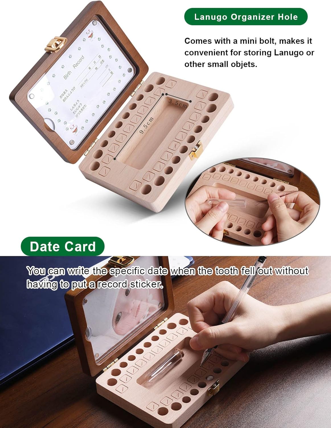 Baby Tooth Keepsake Box with Photo Frame | Wooden Tooth Fairy Organizer