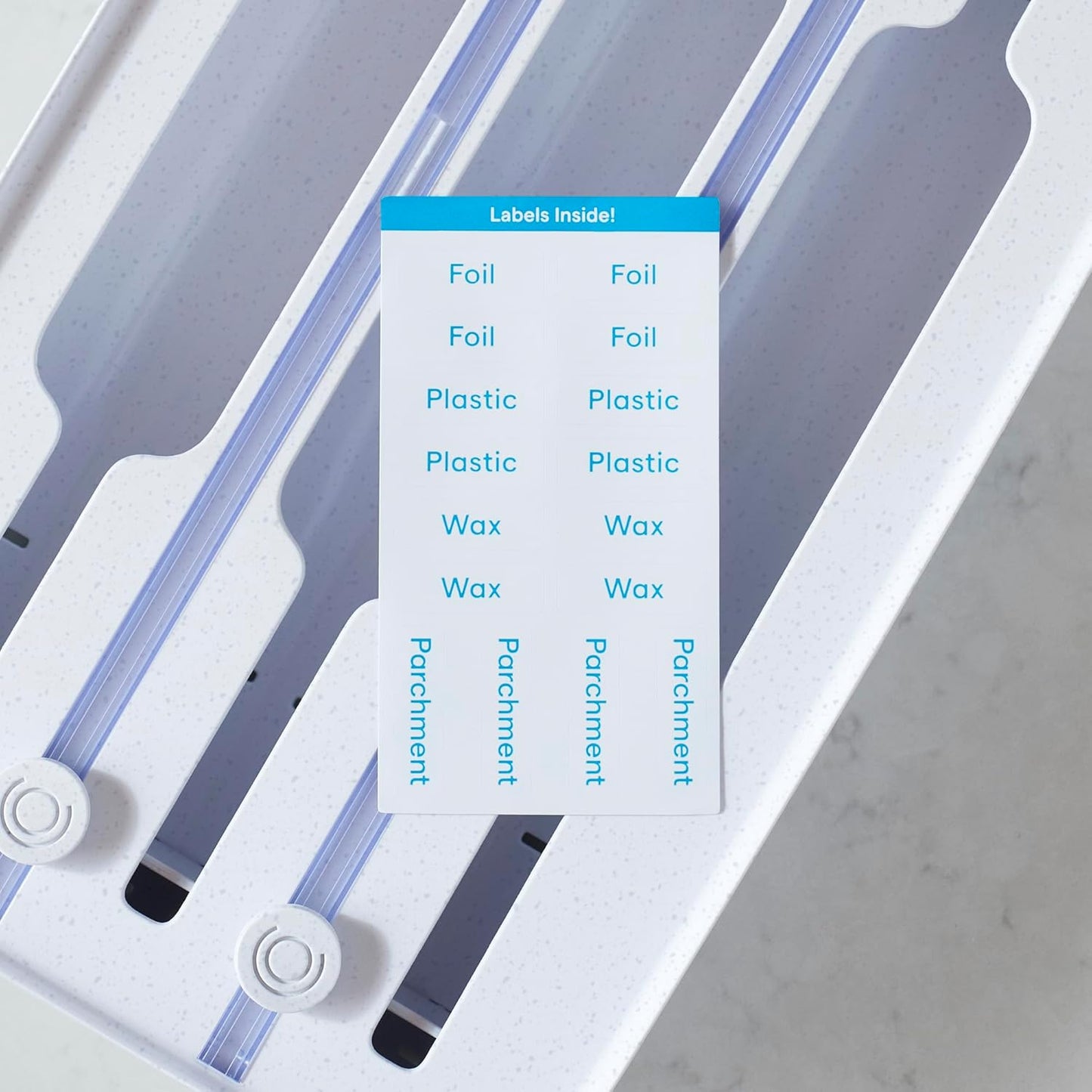 Plastic Wrap Dispenser – 3-in-1 Drawer Organizer | Fits Foil/Plastic Wrap/Parchment/Wax Paper | with Safe Cutters & Labels | Kitchen Storage Solution