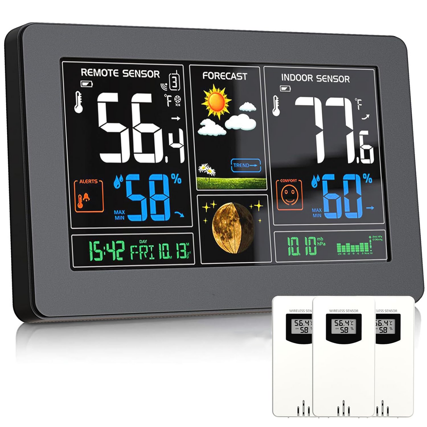Wireless Weather Station – Indoor Outdoor Thermometer with Color Display & Atomic Clock