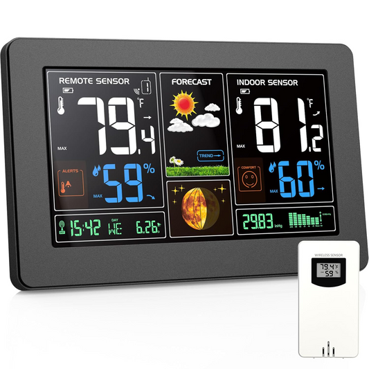 Wireless Weather Station – Indoor Outdoor Thermometer with Color Display & Atomic Clock