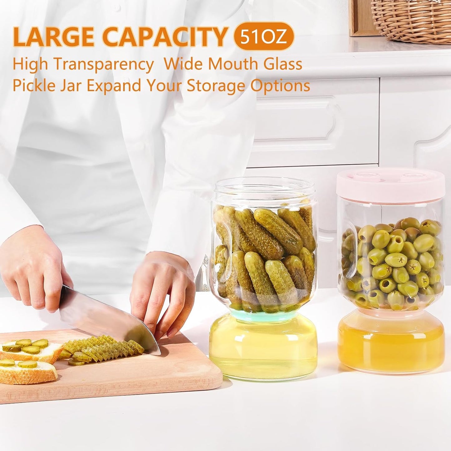 Glass Pickle Jar with Flip Filter Lid Storage with Brine Separator & Timer