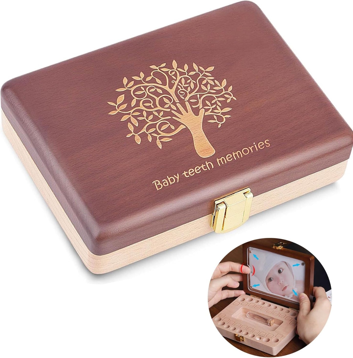 Baby Tooth Keepsake Box with Photo Frame | Wooden Tooth Fairy Organizer