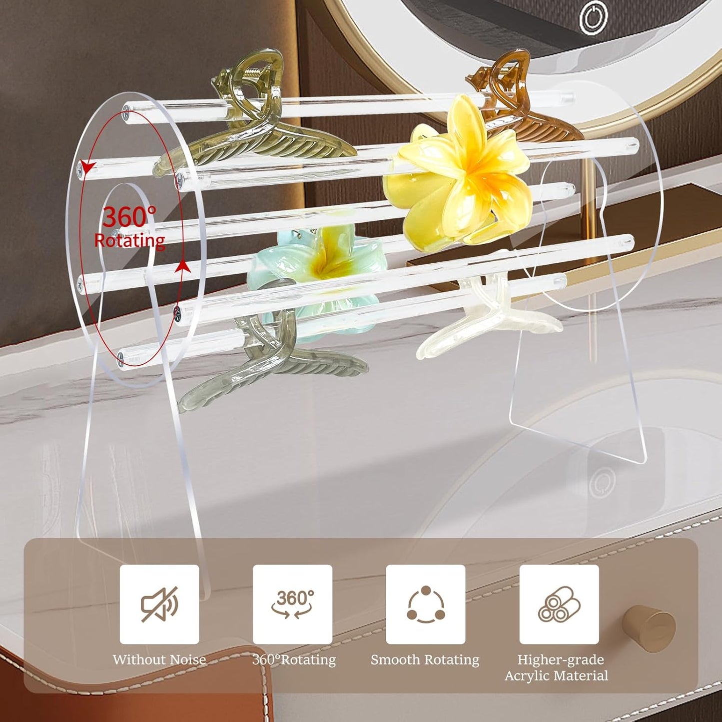 Acrylic Hair Clip Organizer | 360° Rotating Claw Clip Display Stand