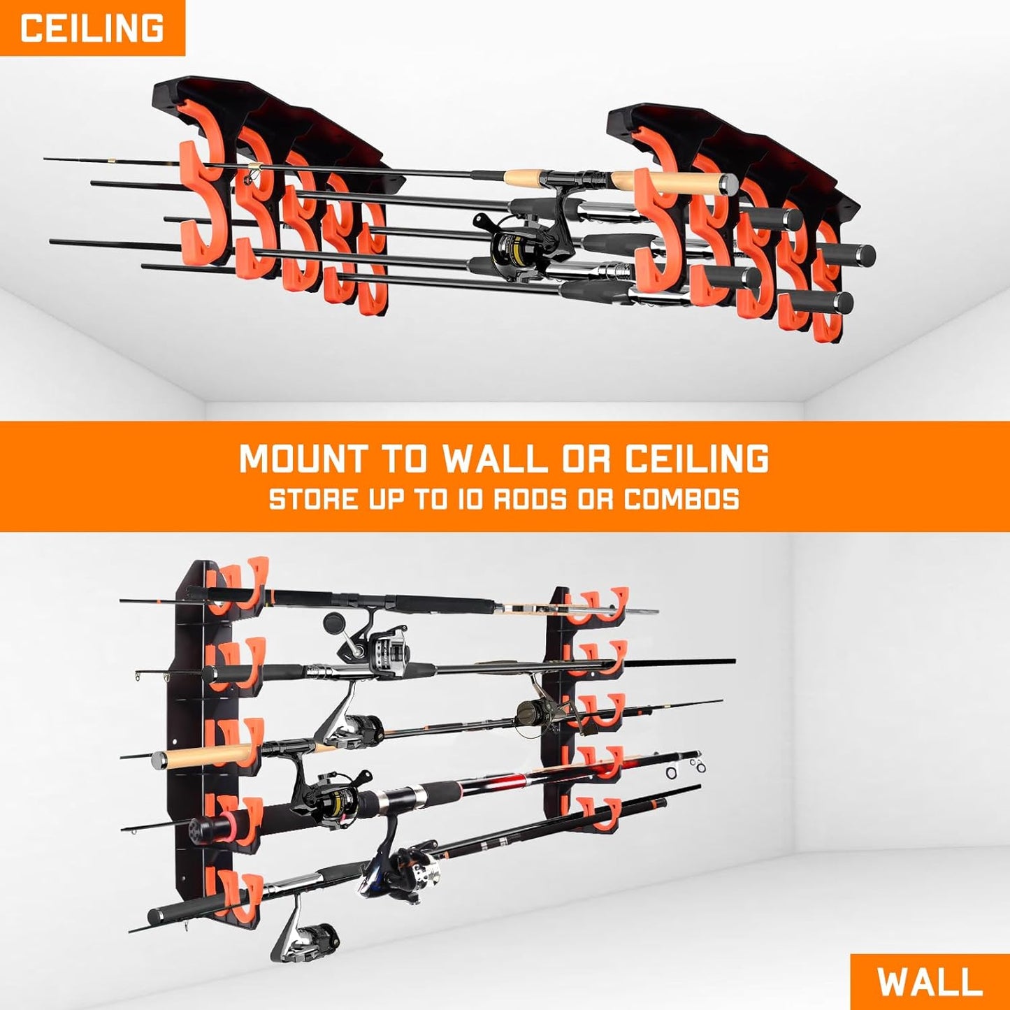 Garage Fishing Rod Rack – Wall & Ceiling Mounted Rod Holder for 10 Rods