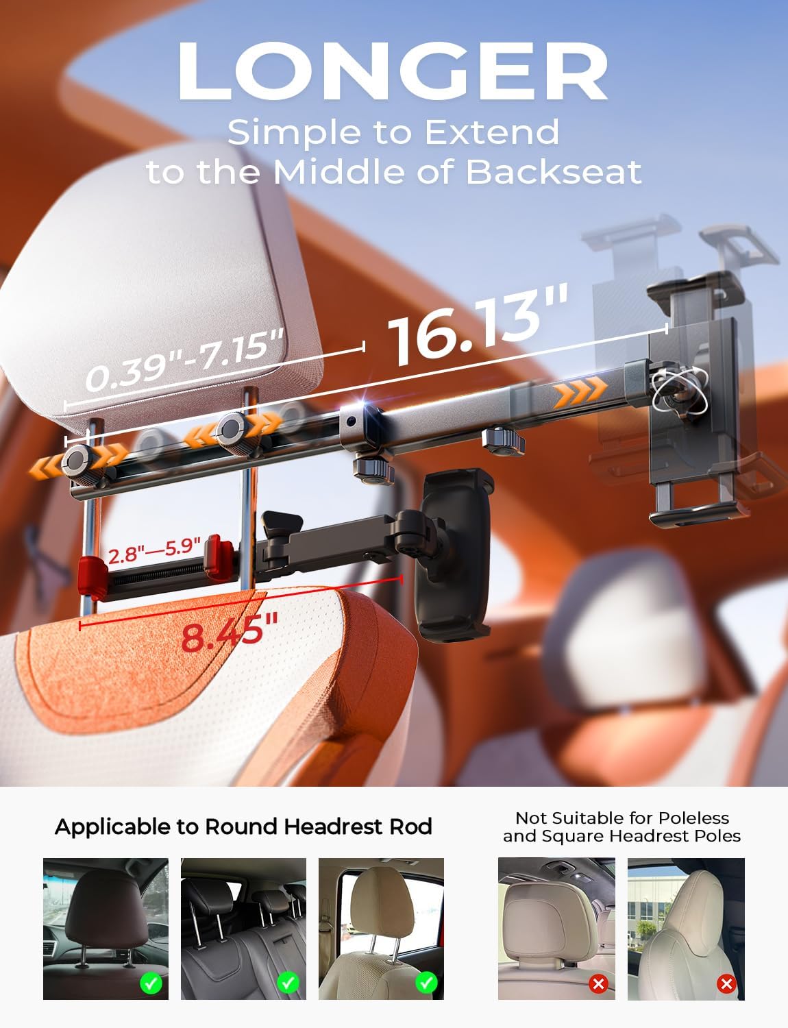 Telescopic Car Headrest Tablet Holder – Rotating Phone & Tablet Stand for Car Seat