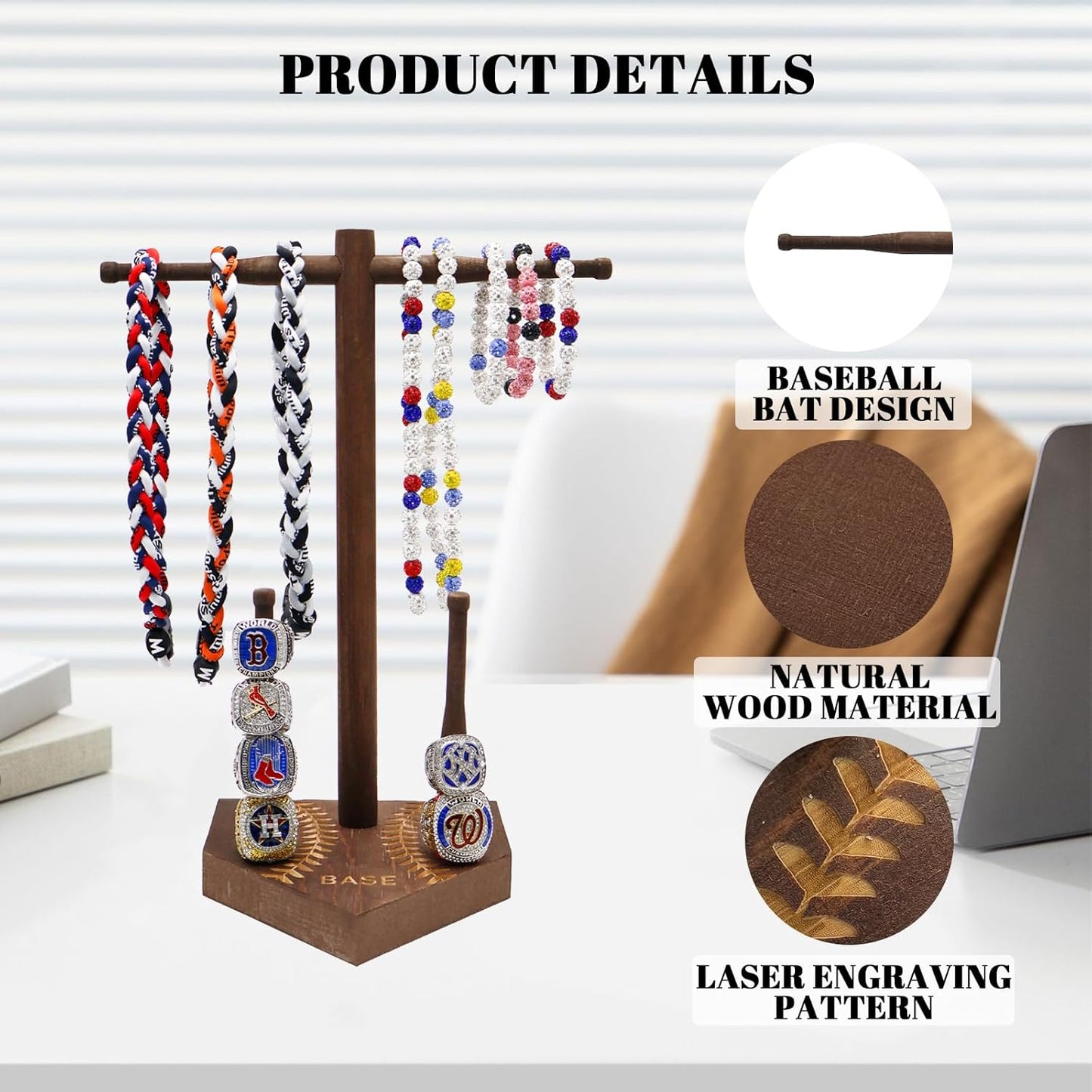 Custom Engraved Baseball & Softball Drip Necklace Display Stand – Wooden Stacking Ring & Necklace Organizer