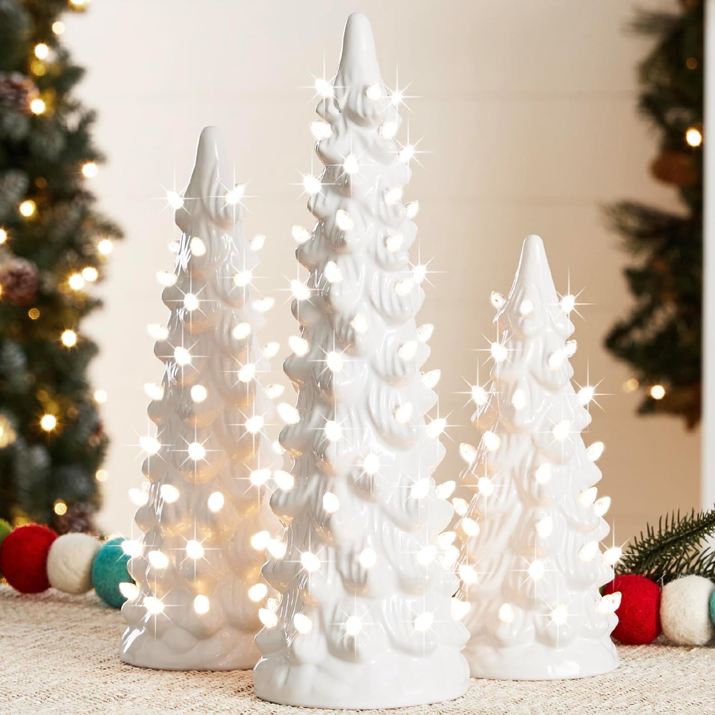 3-Piece Ceramic Christmas Tree Set – Pre-Lit Hand-Painted LED Desktop Decor