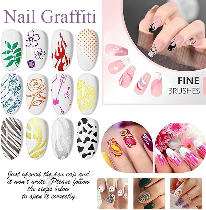 Nail Art Marker Pens – 12 Color DIY Nail Art Pen Set | 3D Gel Nail Pens for Drawing, Dotting & Nail Design