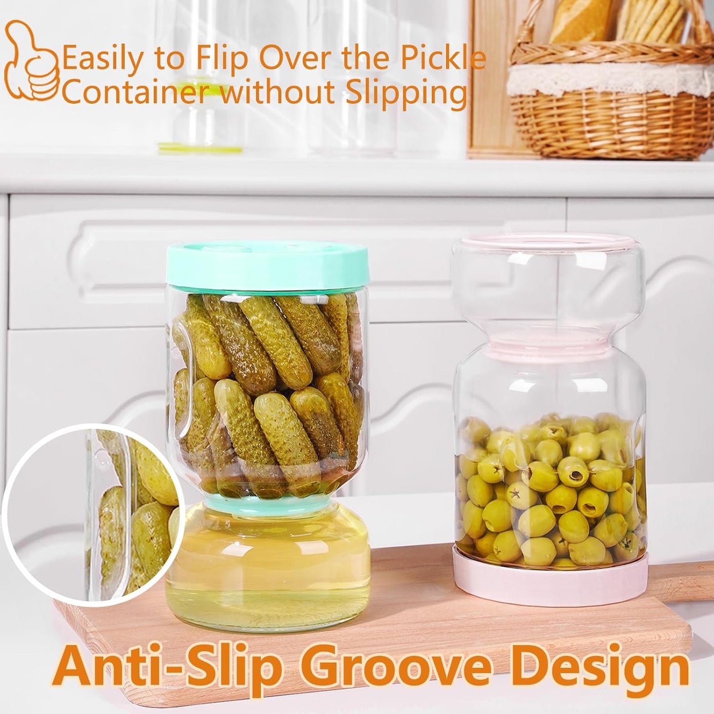 Glass Pickle Jar with Flip Filter Lid Storage with Brine Separator & Timer
