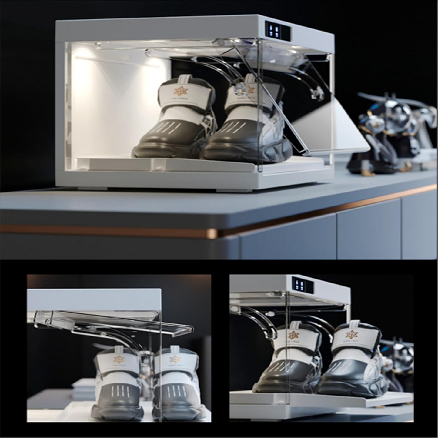 Smart LED Shoe Display Box – Stackable, Automatic & Stylish Storage Solution