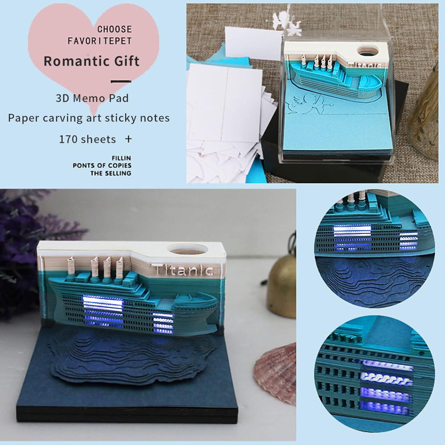 Titanic 3D Sticky Note Pad with LED Light – DIY Paper Art Desk Decoration & Gift