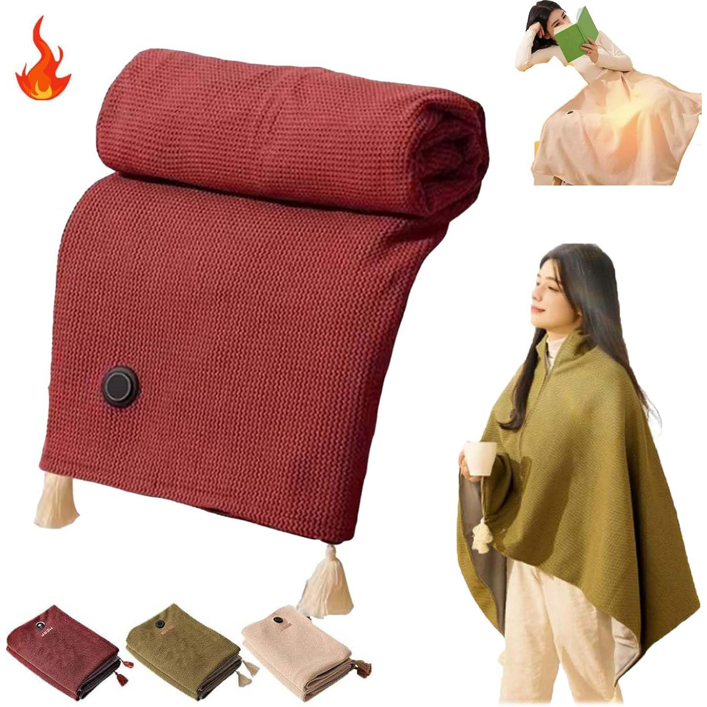 Portable Heated Shawl Blanket – Soft Zippered USB Electric Throw with 3 Heat Settings