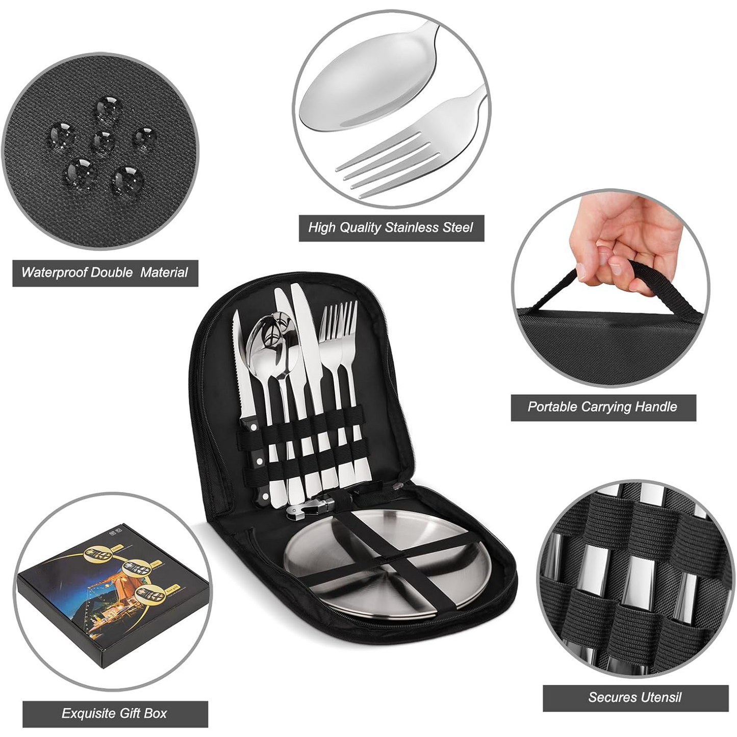 Portable Camping Cutlery Set for 2 – Stainless Steel with Travel Bag