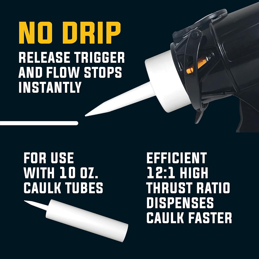 Compact 10 Oz Caulk Gun – 12:1 Push Ratio Silicone Applicator