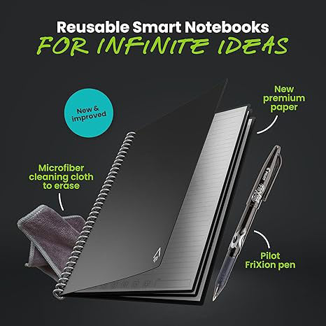 Reusable Spiral Notebook – Letter Size 8.5x11 | Black | Lined Pages | App-Connected & Erasable Design