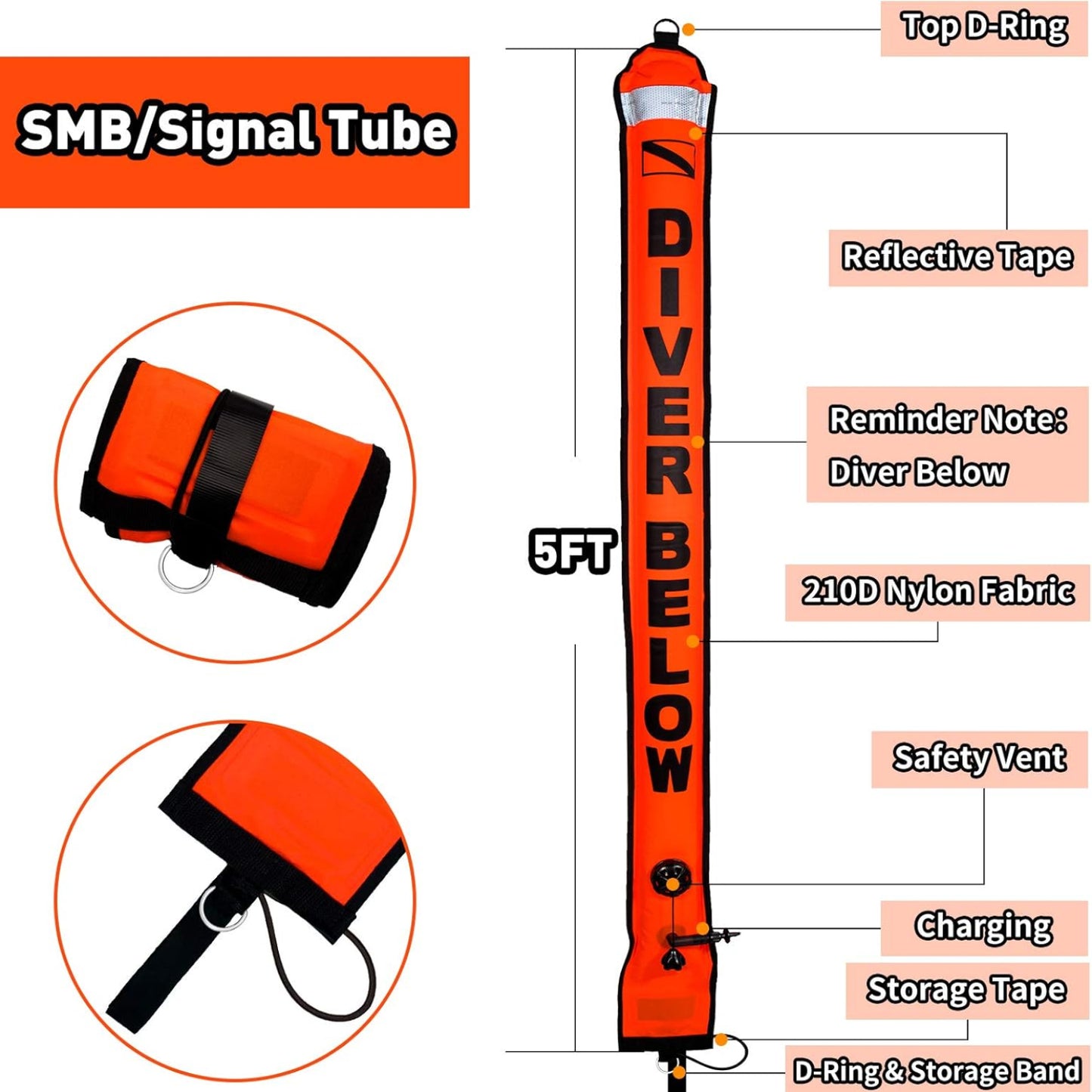 Scuba Diving SMB Kit – 5ft Surface Marker Buoy with Reel & Whistle for Safety