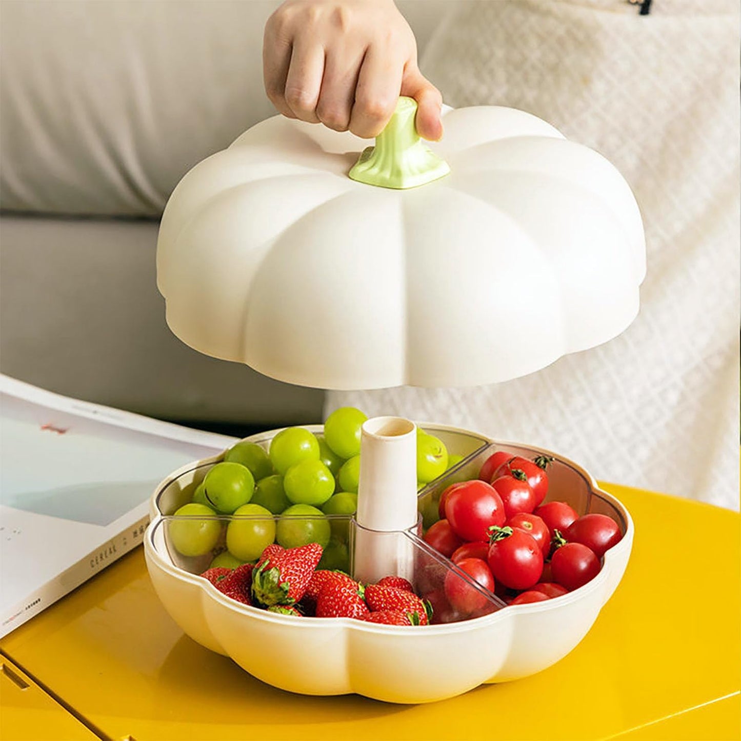 Pumpkin Snack Tray with Lid – Double-Layer Serving Container with 3 Compartments for Candy, Fruits
