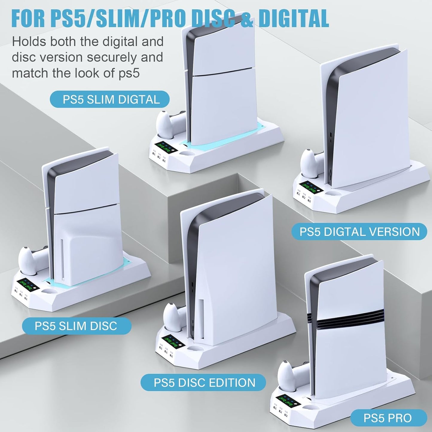PS5 Stand and Cooling Station – Dual Controller Charger, Headset Holder & USB Hubs