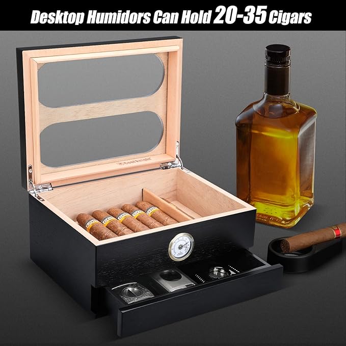 Cigar Humidor Box – With Front Hygrometer & Humidifier | Accessory Drawer | Tempered Glass Top & Spanish Cedar Lining | Holds 20-35 Cigars