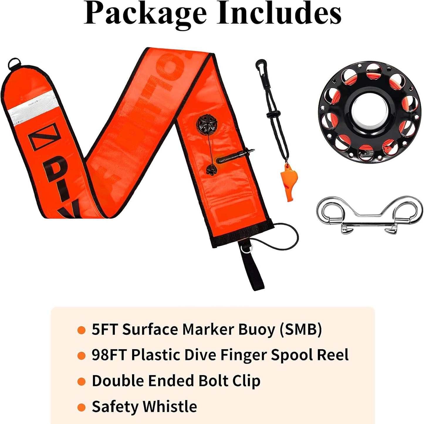 Scuba Diving SMB Kit – 5ft Surface Marker Buoy with Reel & Whistle for Safety