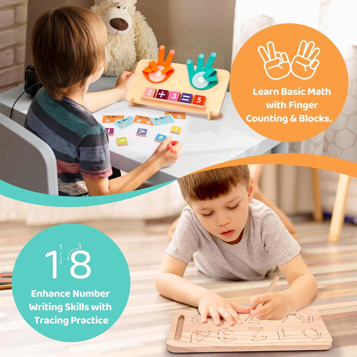 Montessori Learning Toy – Finger Counting & Number Tracing Board with Color Blocks