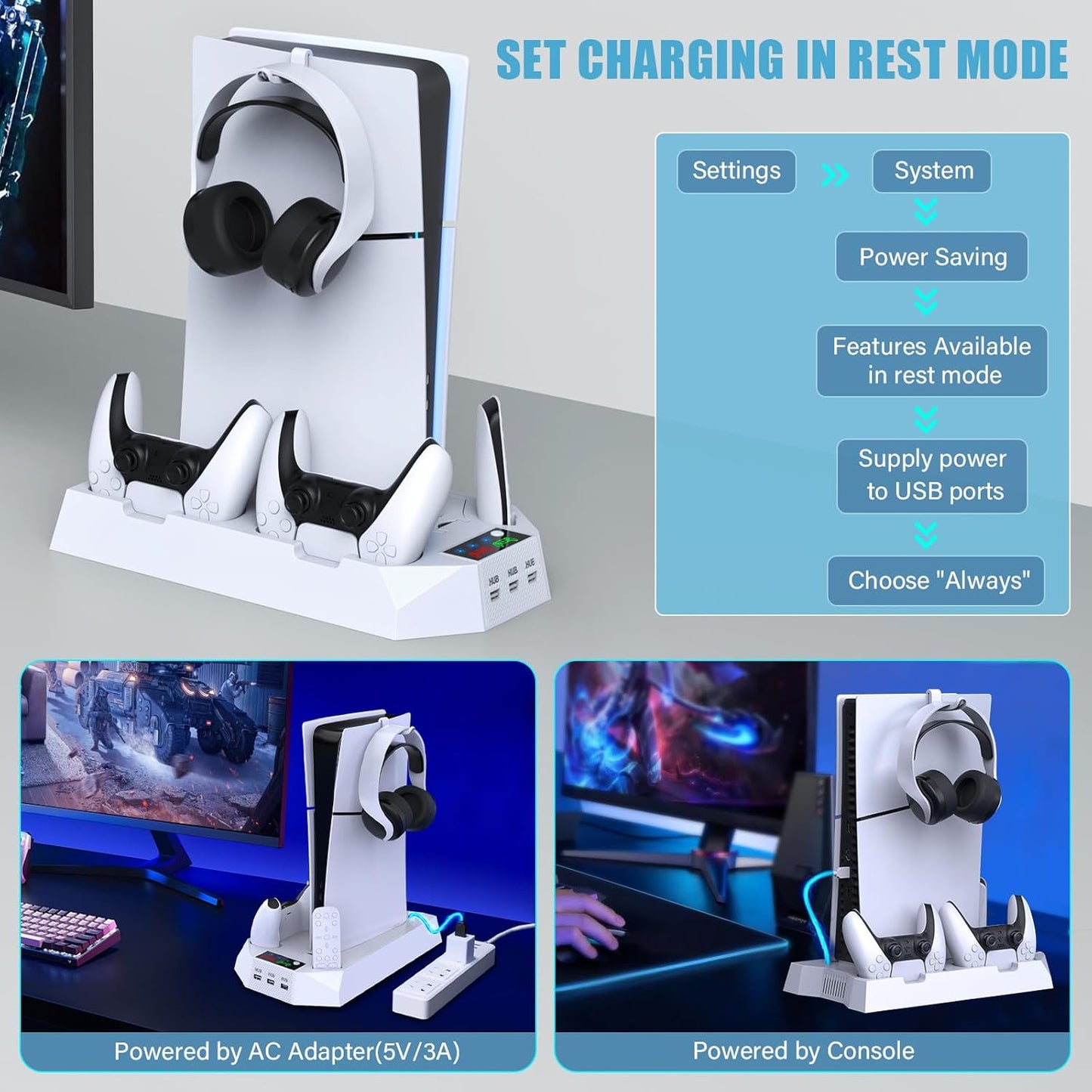 PS5 Stand and Cooling Station – Dual Controller Charger, Headset Holder & USB Hubs