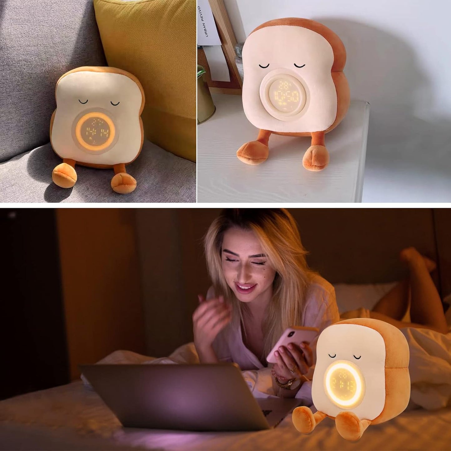 Plush Night Light Toy – Cute Toast Bread Alarm Clock with LED Lamp for Kids Bedroom