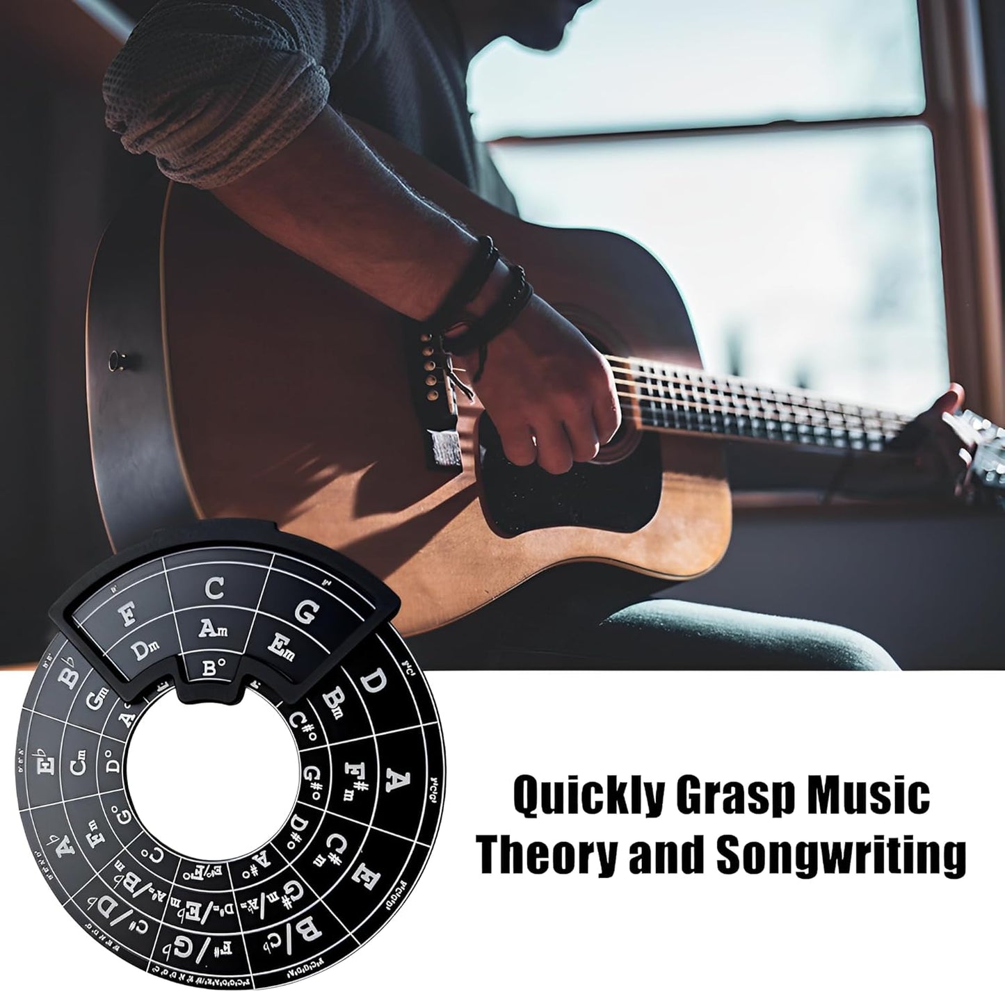 Circle of Fifths Metal Music Tool – With Guitar Chord Chart, Music Theory Book & Wooden Stand