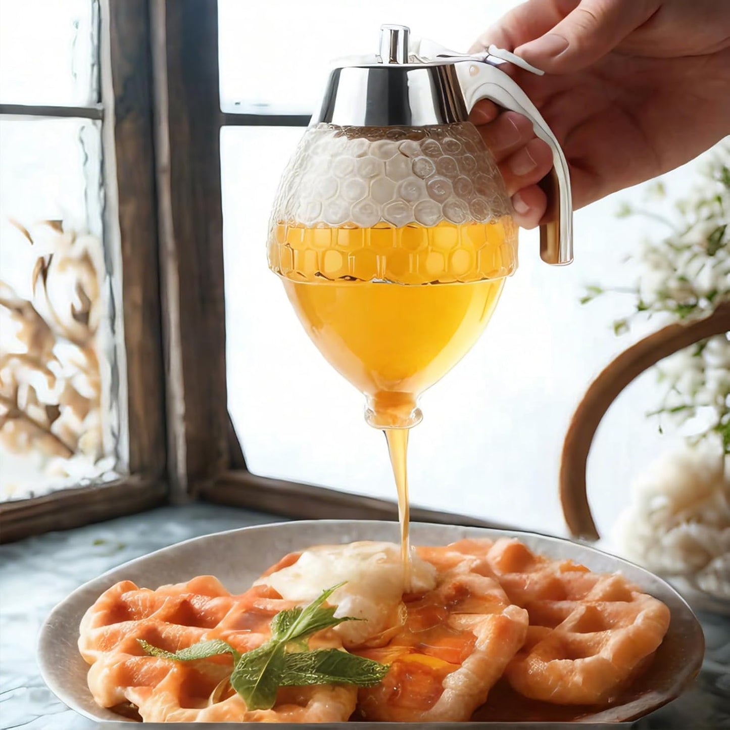 Glass Honey Dispenser – No-Drip Design with Stand | 8 oz Mess-Free Honey Jar