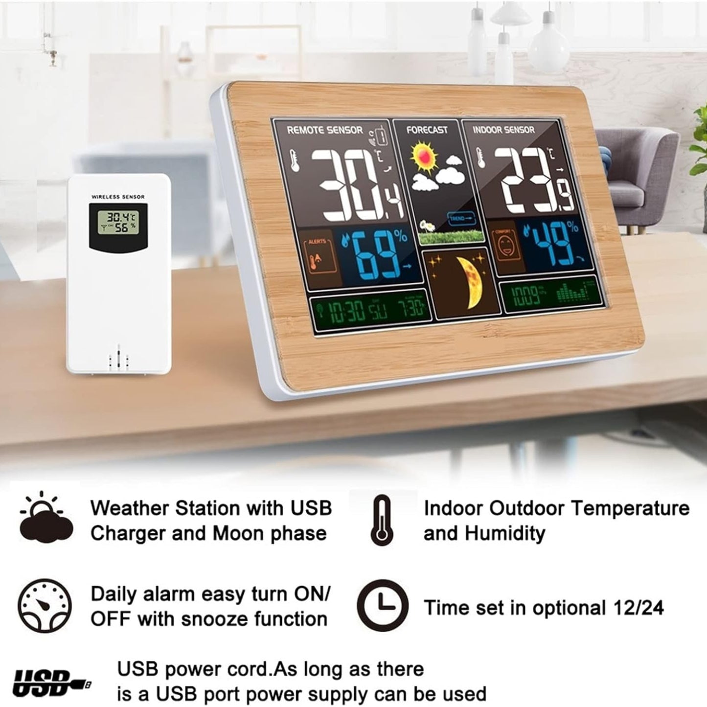 Wireless Weather Station – Indoor Outdoor Thermometer with Color Display & Atomic Clock