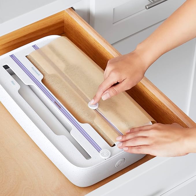 Plastic Wrap Dispenser – 3-in-1 Drawer Organizer | Fits Foil/Plastic Wrap/Parchment/Wax Paper | with Safe Cutters & Labels | Kitchen Storage Solution
