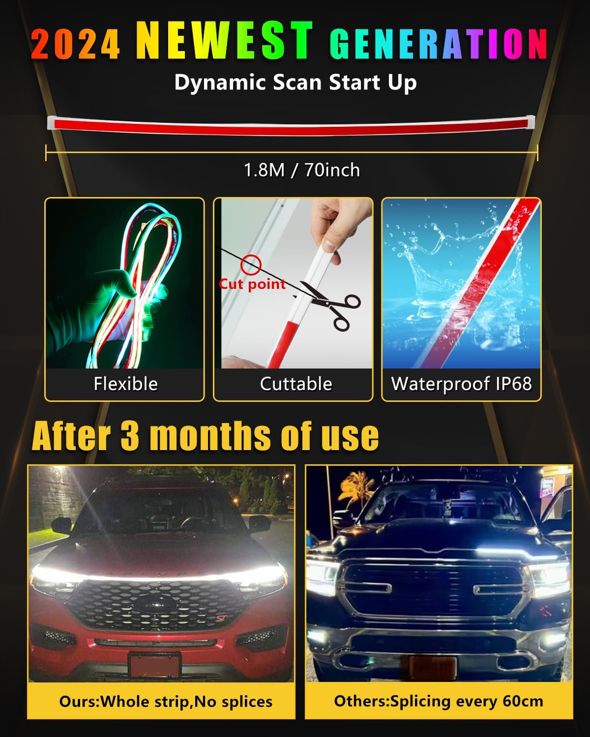 RGB Car Hood Light Strip – Dynamic Multicolor Waterproof LED Kit